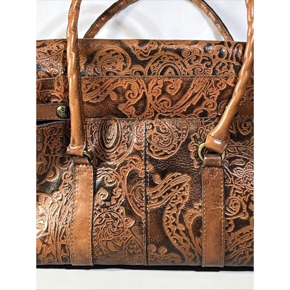 Patricia Nash Tooled Embossed Leather Vienna Satchel Handbag Brown Tote Bag - Picture 7 of 16